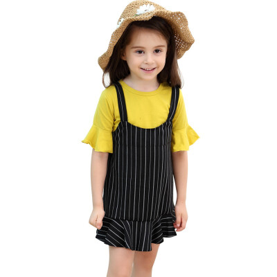 

Summer Baby Girl Flare Sleeve Solid Pattern Cotton T-shirt Blouse Mini Stripe Strap Skirts Casual Outfits Set