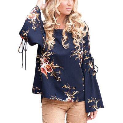 

Floral Print Lace Up Hollow Out Long Flare Sleeves Chiffon Womens Tops And Blouses Summer Female O-neck Loose Blouses Shirts