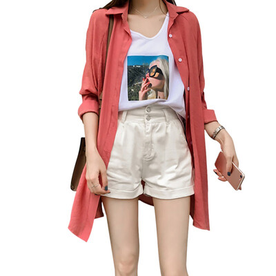 

Women Casual Shirt Solid Cardigan Turn-down Collar Blouse Loose Long Sleeve Cotton Long Blouse Coat
