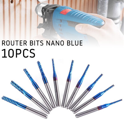 

US 10x 08-3mm 18" Shank Nano Blue Coat End Mill Cutter CNC Router Bit Tool Set