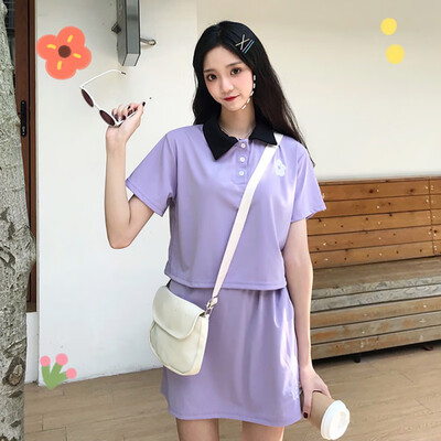 

Womens Turn-down Collar Floral Sets Embroidery Short Sleeve Polo Shirt Mini Skirt Two-Piece Set