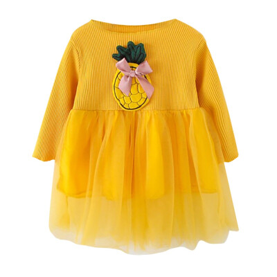 

Autumn Casual Baby Girls Pineapple Pattern Long Sleeve Patchwork Mesh Dress Kids Princess Dress