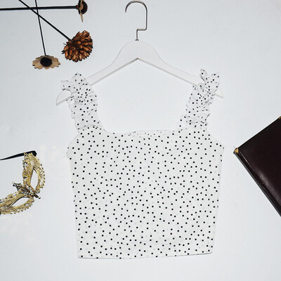 

Womens V Neck Sleeveless Dot Print Ruffles Chiffon Tank Top