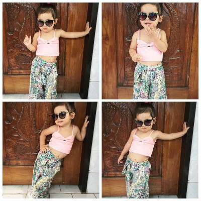 

Summer Casual Baby Girl Bow-knot Sleeveless Camisole And Printing Trousers Kid Two-piece Outfit Set