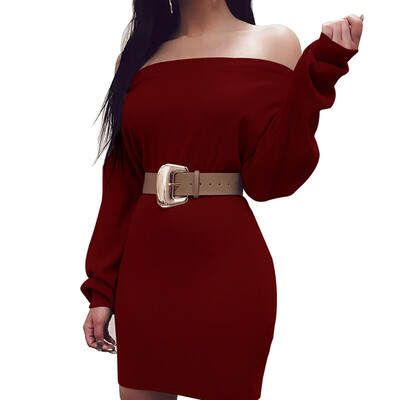 

Sexy Autumn-Winter Long-Sleeved One-Collar Dress Elegant Dress Women Full Sleeve Autumn Winter Bottoming Dresses