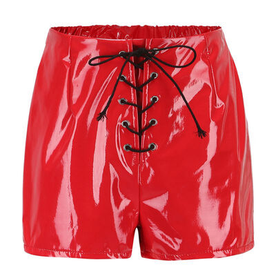 

Bright Pu Leather Shorts Women Lace Up Red Black High Waist Shorts Female Sexy Bandage Mini Women Shorts