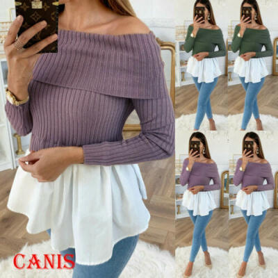 

Womens Long Sleeve Pullover Loose Sweater One Shoulder Jumper Sweatshirt Tops