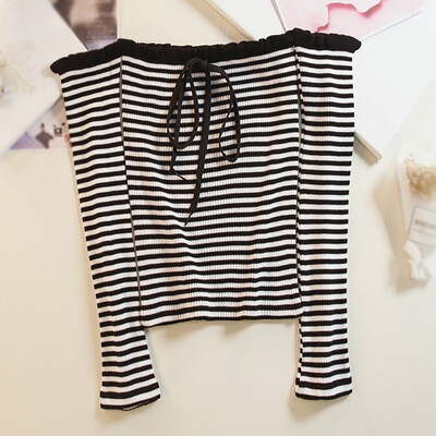 

Ruffles Striped Sweaters Womens Fashion Sexy Knitting Off Shoulder Slash Neck Thin Sweater Pullover Top Fall Clothing Jumper