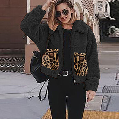 

Tailored Women Fashion Turn-down Collar Pockets Leopard Print Plush Cardigan Coat Tops