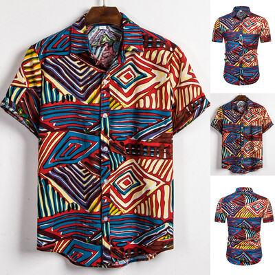 

Toponeto Mens Ethnic Short Sleeve Casual Cotton Linen Printing Hawaiian Shirt Blouse