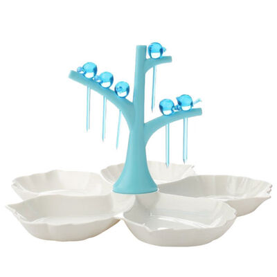 

Fruit Plate Fork Set Bird Fork Tree Fork Holder Flower-shaped Fruit Plate 5 Compartments BlueLight RedGreen