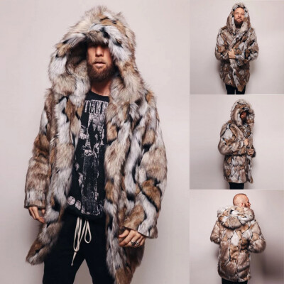 

Gobestart Fashion Mens Warm Leopard Thick Hooded Coat Jacket Faux Fur Outwear Overcoat