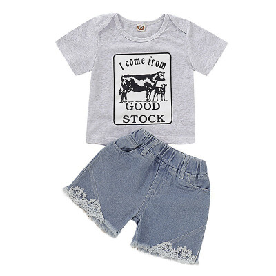 

Summer Baby Girls Clothing Set Kids Girls Letter Print Tops T-shirtDenim Shorts Child Casual Outfits Sets For Girls 1-5Y