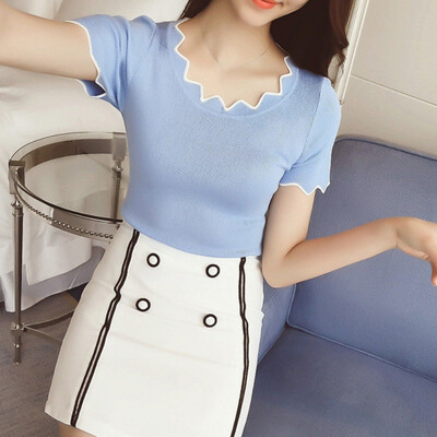 

Summer Fashionable Design Ladylike Temperament Wavy-shaped Neckline Blouse Solid Slim Short-sleeved Knit Womens Top