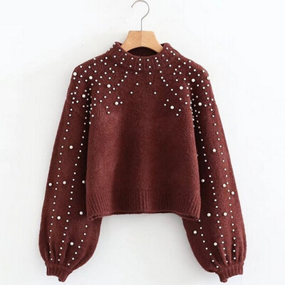 

European&American short loose hand-made nail bead semi high collar sweater