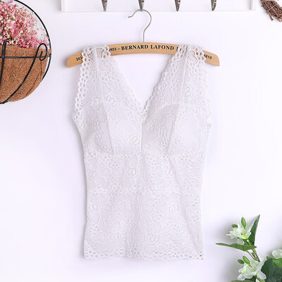 

Sexy V-Neck Sleeveless Solid Color Lace Flower With Chest Pad Women Camisoles Breathable Autumn And Winter Slim Tops Female Vest