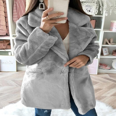 

Solid Wide Lapel Dual Pockets Long Sleeves Single Button Plush Coat