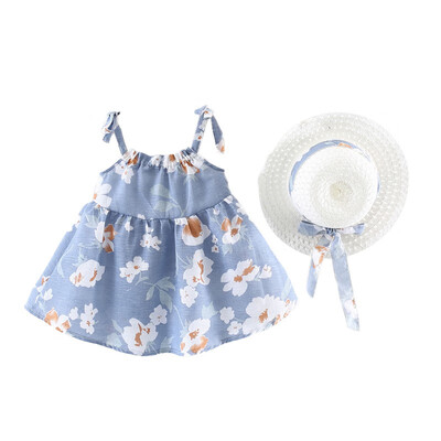 

Fashion Summer Girl Flowers Straw HatBow Strap Princess Dress Children Dress Girls Clothes Set 1-4T L1