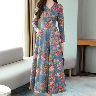 

Vintage Dress Women V-neck Long Sleeve Big Swing Elegant Princess Print Slim Waist Boho Floral Vestidos