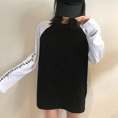 

Autumn Black white Patchwork Women Tshirt Casual Long Sleeve Female Tops Loose O-Neck Women Shirt