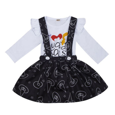 

Spring Autumn Casual Fashion Baby Girl Printing Long Sleeve Romper And Striped Suspender Skirt 2PcsSet