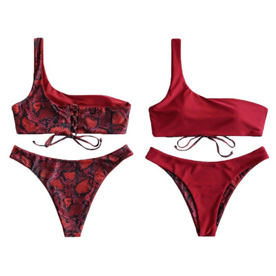 

Artificial Snake Skin Printed Women Tankini One Shoulder Lace-up Thick Bikini Swimwear Lady Padded Bra Beach Suit Swimsuit