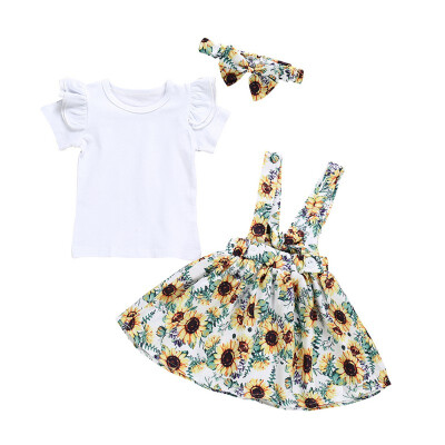 

Summer New Baby Girls Cotton Suit Fashion Solid Color Short Flying SleeveFloral Printed DressHeadband Sets