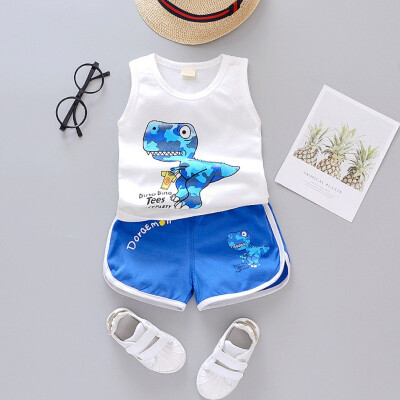 

2PcsSet Summer Children Baby Boys Casual Cotton Sleeveless Cartoon Animal Vest TopsShorts Suits Costume Set