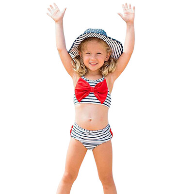 

Summer Infant Baby Swimwear Striped Print Tops with Bow Design Briefs Kid Swimsuit Set Girl Bikini Swimwear Swimming Costumes