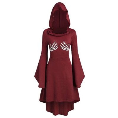 

Tailored Fashion Women Long Sleeve Skeleton Print Lace Up Halloween Hooded Midi Dress