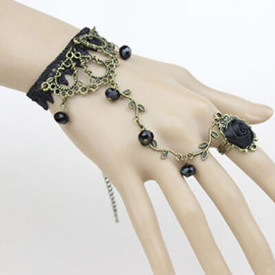 

Victorian Style Retro Lace Bracelet Lolita Floral Rose Flower Link Chain Bracelet Ring Set Crystal Jewelry