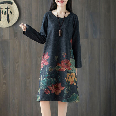 

Tailored Women Fashion Plus Size Folk-Custom Loose Floral Printed Cotton And Linen Dress