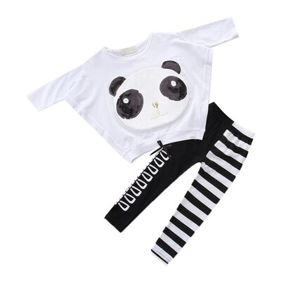 

Childrens Girls Clothes Set Panda Sequined Tops T-Shirt Striped Bow Pants Costume 1T-7T Girls Sportswear 2019 New Clothes