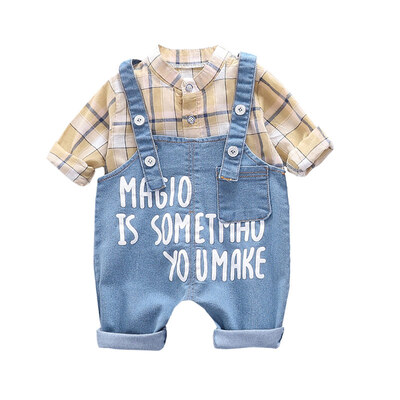 

New Autumn Baby Boy Clothes 0-3T Shirt Denim Bib Pants 2pcs Boy Set Fashion Cotton Letter Printing Plaid Pattern Childrens Set