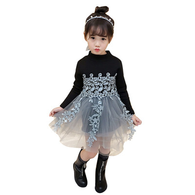 

2-7T Children Summer Girls Knit Cute Mesh Stitching Long Sleeve Sweet Princess Dress