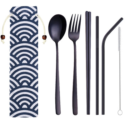 

Toponeto Stainless Steel Dinnerware Set Metal Straw Spoon Fork Chopsticks Tableware 6 Pcs