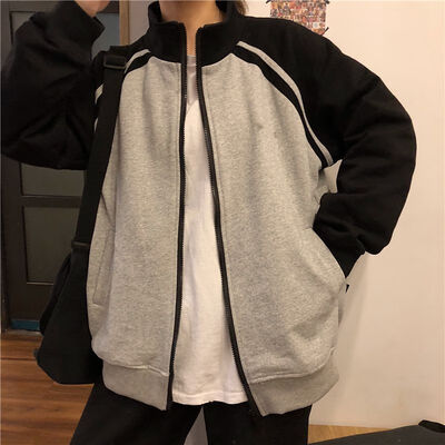 

Women Casual High Collar Jacket Coat Zipper Up Bomber Jacket Color Matching Cardigan Pocket Female Coat