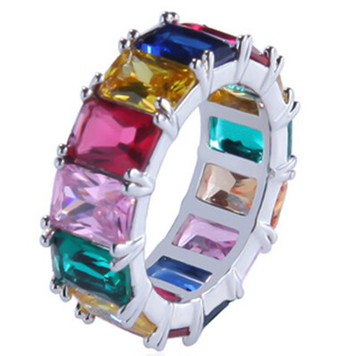 

925 Sterling Silver Iced Out Multicolor Cubic Zircon Round Ring Men Women Hip Hop Cz Jewelry Gifts