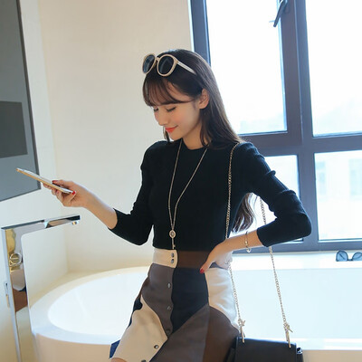 

Women Autumn Winter Solid Color Slim Sweater Long-Sleeved Cotton Round Collar Slim Bottom Sweater