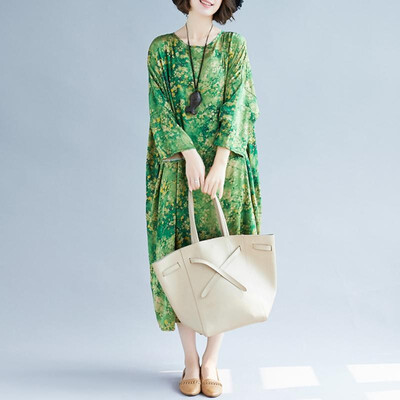 

Vintage Women Cotton Linen Dress O Neck Raglan Long Sleeve Vintage Floral Print Pockets Casual Plus Size Loose Dress