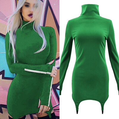 

Sexy Womens High Collar Fluorescent long Sleeve Dress Knitted Fabric Skinny Bag Hip High Waist Party Dress