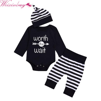 

1 Set Lovely Newborn Baby Letter Pattern Short Sleeves Romper TopsLong PantsHat Outfits Set For Baby Boy Infant Clothes