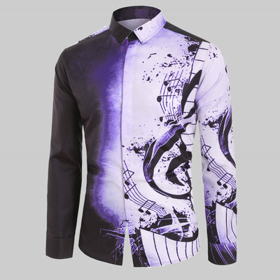 

Toponeto Men Casual Musical Note Pattern Casual Long Sleeves Shirt Top Blouse
