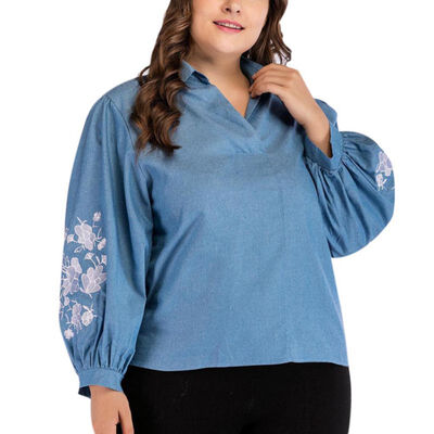 

Women Casual Blue Flowers Embroidered Print Jacket Denim Long Sleeve Female Girl Casual Fashion Plus Size