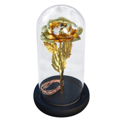 

Artificial Gold Foil Rose Flower&LED Light String In Glass Dome On Wooden Base The Best Gift For Women