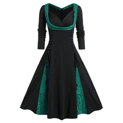 

Tailored Womne Plus Size Long Sleeve Lace Panel A Line Sweetheart Neck Vintage Dress