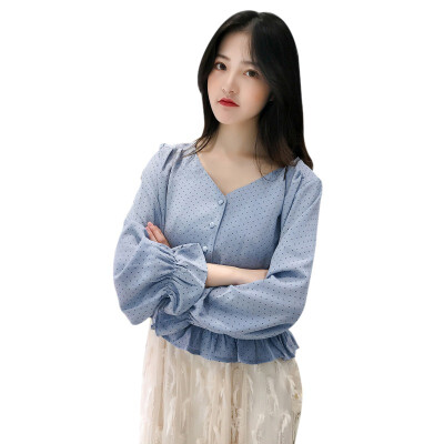 

Womens Shirt Korean V-neck Ruffled Polka Dot Tighten Long Sleeve Short Blouse Female Sweet White Tops&Blouses