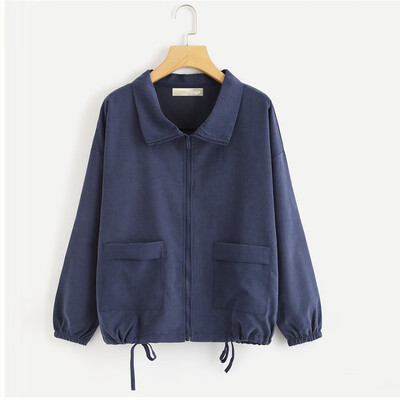 

Tailored Fashion Women Zipper Top Blouse Lapel Leisure Long Sleeve Loose Pure Color Coat