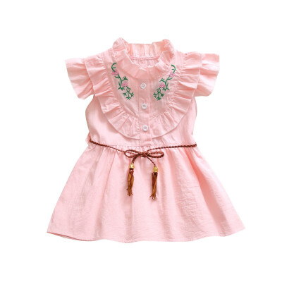 

Summer Girls Dress Doll Collar Cotton Embroidered Print Princess Dress Cute Sweet Short-sleeved Kids Dress With Belt