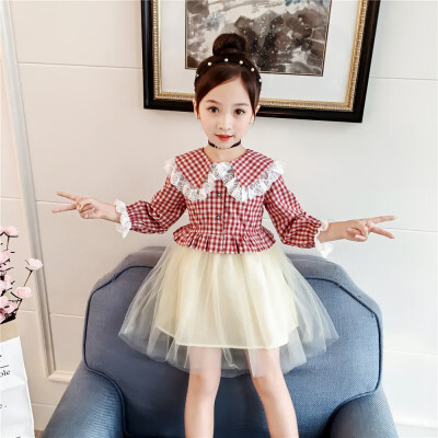 

Baby Girl Dress 2-7T Toddler Children New Autumn Girls Cute Plaid Print Mesh Stitching Princess Long-Sleeved Sweet Dress